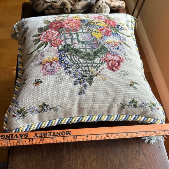 Katha Diddle Wool Petit Point Pillow Yellow Birds Flowers 16x16” Needlepoint - Picture 8 of 8